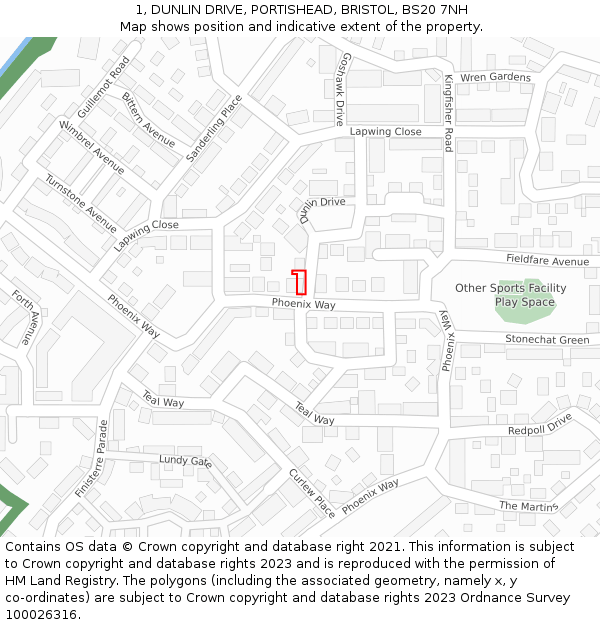 1, DUNLIN DRIVE, PORTISHEAD, BRISTOL, BS20 7NH: Location map and indicative extent of plot