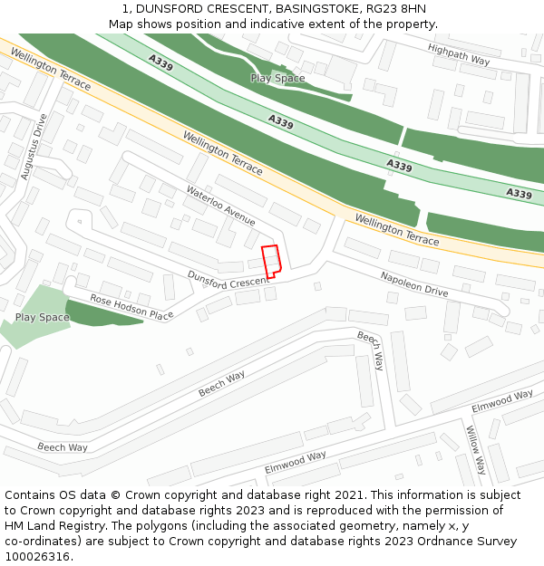 1, DUNSFORD CRESCENT, BASINGSTOKE, RG23 8HN: Location map and indicative extent of plot