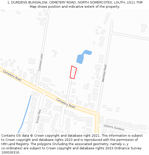 1, DURDENS BUNGALOW, CEMETERY ROAD, NORTH SOMERCOTES, LOUTH, LN11 7NR: Location map and indicative extent of plot