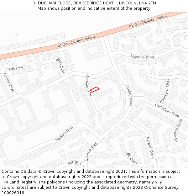 1, DURHAM CLOSE, BRACEBRIDGE HEATH, LINCOLN, LN4 2TN: Location map and indicative extent of plot