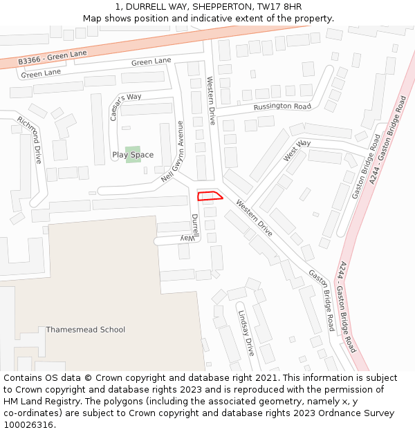 1, DURRELL WAY, SHEPPERTON, TW17 8HR: Location map and indicative extent of plot