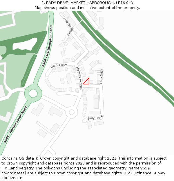 1, EADY DRIVE, MARKET HARBOROUGH, LE16 9HY: Location map and indicative extent of plot