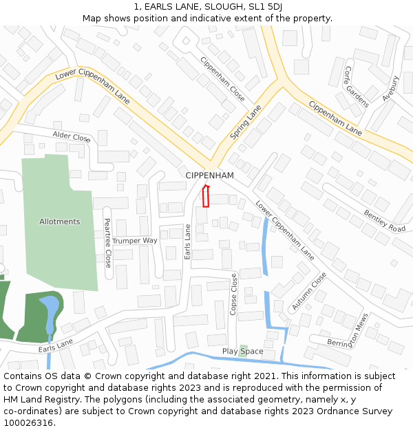 1, EARLS LANE, SLOUGH, SL1 5DJ: Location map and indicative extent of plot