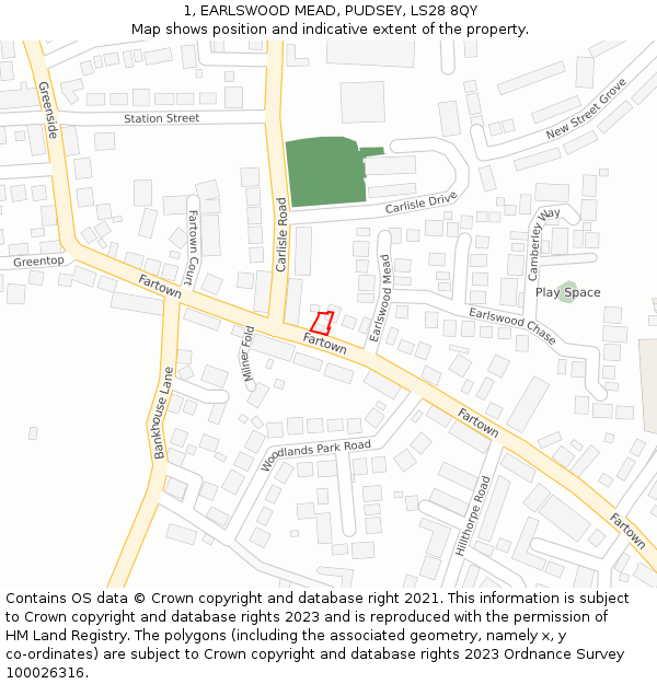 1, EARLSWOOD MEAD, PUDSEY, LS28 8QY: Location map and indicative extent of plot