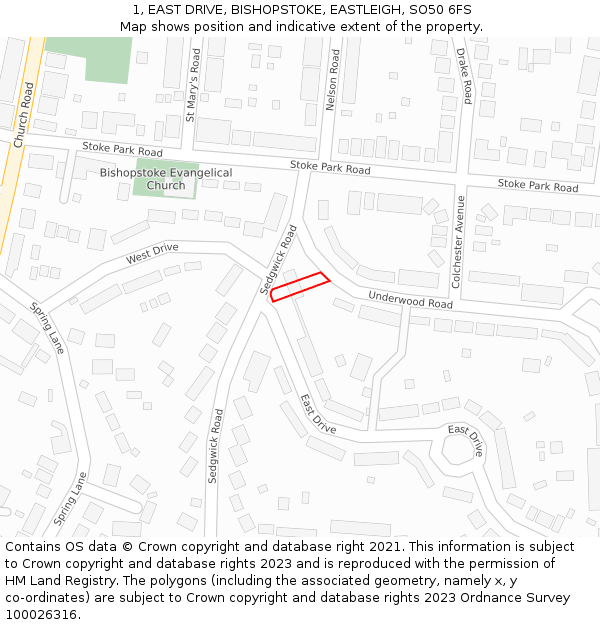 1, EAST DRIVE, BISHOPSTOKE, EASTLEIGH, SO50 6FS: Location map and indicative extent of plot