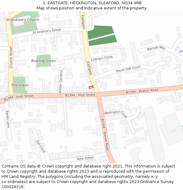 1, EASTGATE, HECKINGTON, SLEAFORD, NG34 9RB: Location map and indicative extent of plot