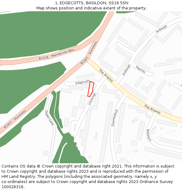 1, EDGECOTTS, BASILDON, SS16 5SN: Location map and indicative extent of plot