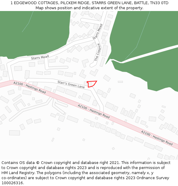 1 EDGEWOOD COTTAGES, PILCKEM RIDGE, STARRS GREEN LANE, BATTLE, TN33 0TD: Location map and indicative extent of plot