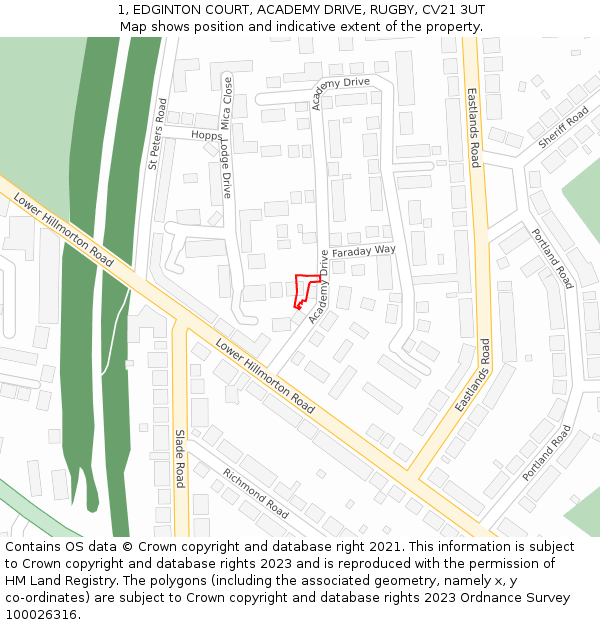 1, EDGINTON COURT, ACADEMY DRIVE, RUGBY, CV21 3UT: Location map and indicative extent of plot