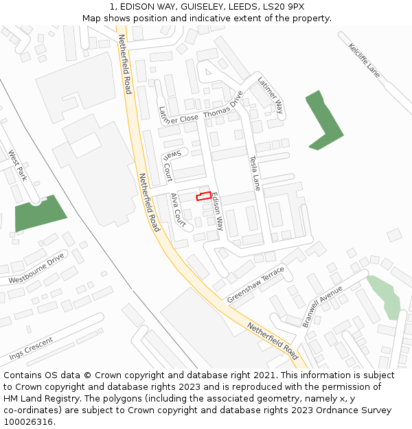 1, EDISON WAY, GUISELEY, LEEDS, LS20 9PX: Location map and indicative extent of plot