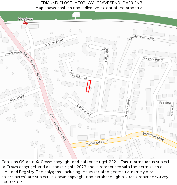 1, EDMUND CLOSE, MEOPHAM, GRAVESEND, DA13 0NB: Location map and indicative extent of plot