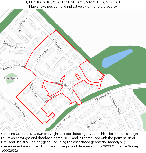 1, ELDER COURT, CLIPSTONE VILLAGE, MANSFIELD, NG21 9FU: Location map and indicative extent of plot