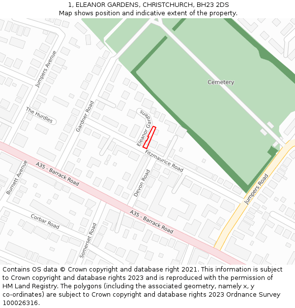 1, ELEANOR GARDENS, CHRISTCHURCH, BH23 2DS: Location map and indicative extent of plot