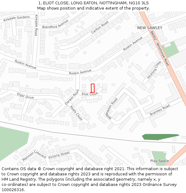 1, ELIOT CLOSE, LONG EATON, NOTTINGHAM, NG10 3LS: Location map and indicative extent of plot