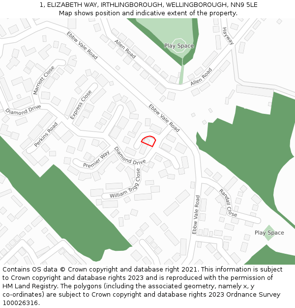 1, ELIZABETH WAY, IRTHLINGBOROUGH, WELLINGBOROUGH, NN9 5LE: Location map and indicative extent of plot