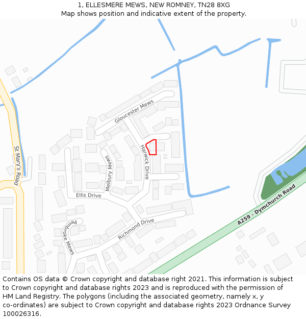 1, ELLESMERE MEWS, NEW ROMNEY, TN28 8XG: Location map and indicative extent of plot