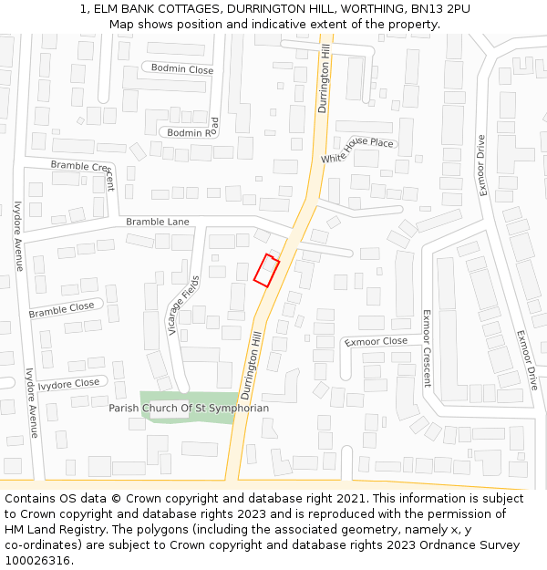 1, ELM BANK COTTAGES, DURRINGTON HILL, WORTHING, BN13 2PU: Location map and indicative extent of plot