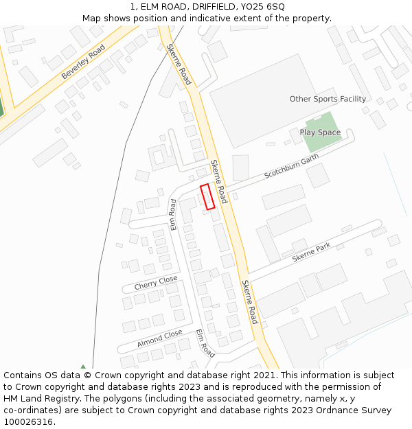 1, ELM ROAD, DRIFFIELD, YO25 6SQ: Location map and indicative extent of plot