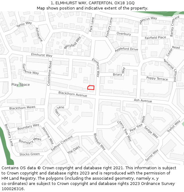 1, ELMHURST WAY, CARTERTON, OX18 1GQ: Location map and indicative extent of plot