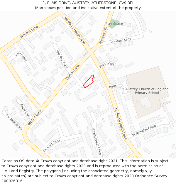 1, ELMS DRIVE, AUSTREY, ATHERSTONE, CV9 3EL: Location map and indicative extent of plot