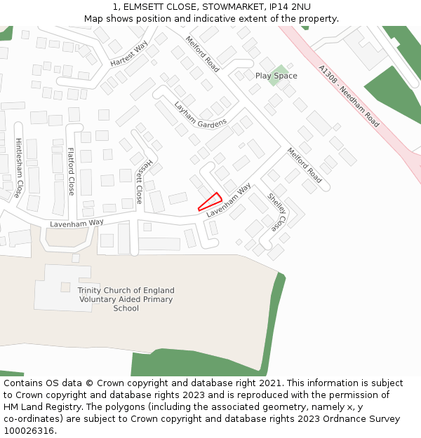 1, ELMSETT CLOSE, STOWMARKET, IP14 2NU: Location map and indicative extent of plot