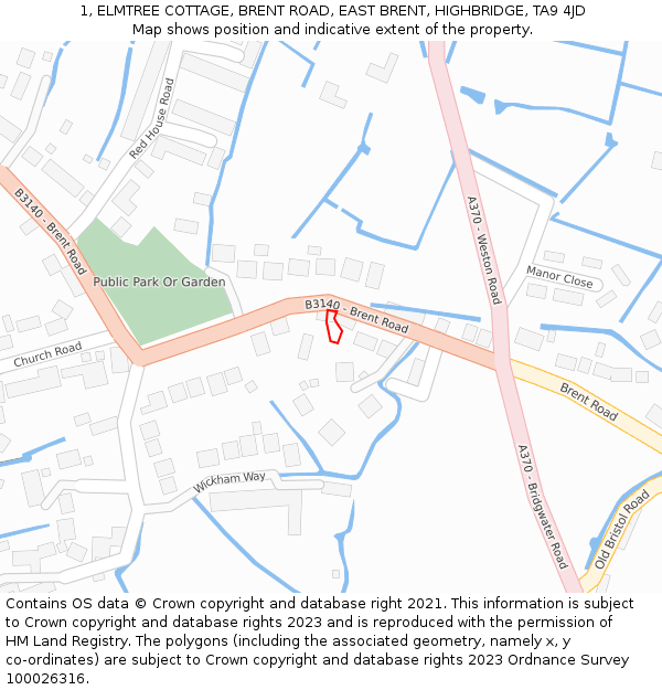 1, ELMTREE COTTAGE, BRENT ROAD, EAST BRENT, HIGHBRIDGE, TA9 4JD: Location map and indicative extent of plot