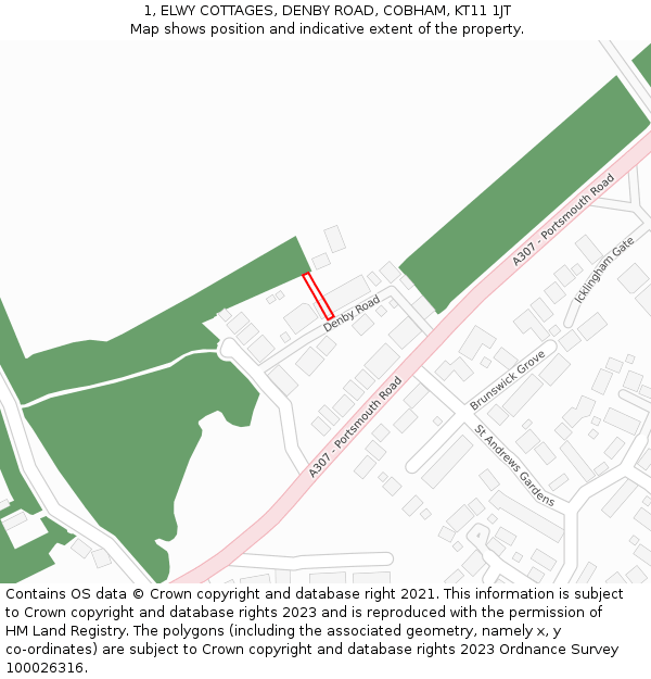 1, ELWY COTTAGES, DENBY ROAD, COBHAM, KT11 1JT: Location map and indicative extent of plot