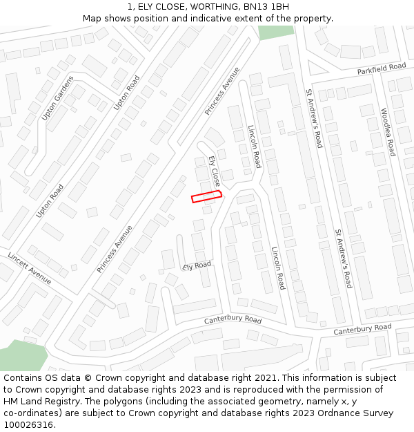 1, ELY CLOSE, WORTHING, BN13 1BH: Location map and indicative extent of plot