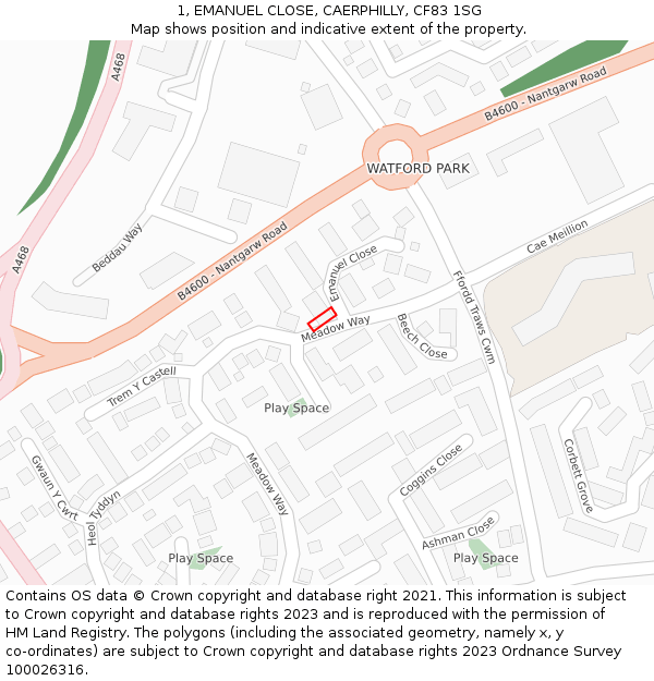 1, EMANUEL CLOSE, CAERPHILLY, CF83 1SG: Location map and indicative extent of plot