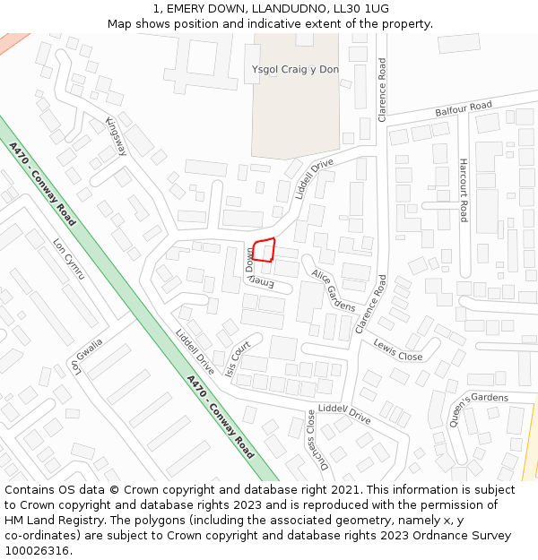 1, EMERY DOWN, LLANDUDNO, LL30 1UG: Location map and indicative extent of plot