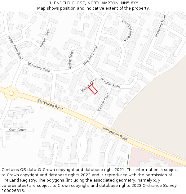 1, ENFIELD CLOSE, NORTHAMPTON, NN5 6XY: Location map and indicative extent of plot
