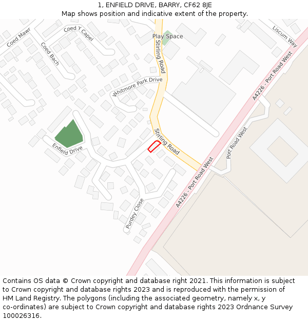 1, ENFIELD DRIVE, BARRY, CF62 8JE: Location map and indicative extent of plot