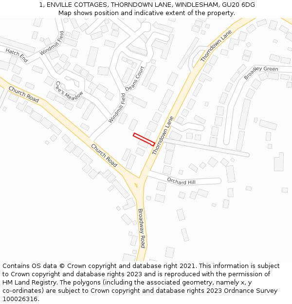 1, ENVILLE COTTAGES, THORNDOWN LANE, WINDLESHAM, GU20 6DG: Location map and indicative extent of plot