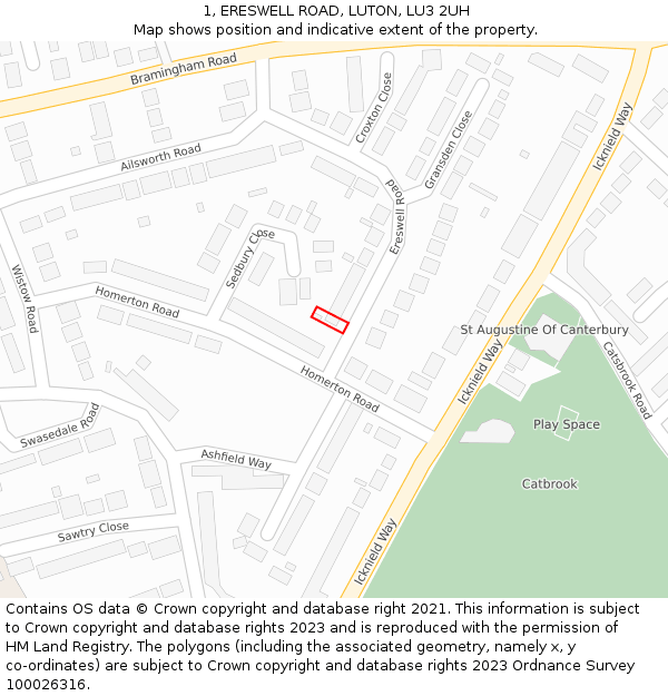 1, ERESWELL ROAD, LUTON, LU3 2UH: Location map and indicative extent of plot