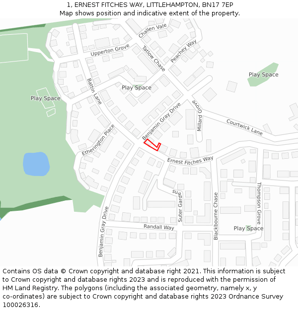 1, ERNEST FITCHES WAY, LITTLEHAMPTON, BN17 7EP: Location map and indicative extent of plot