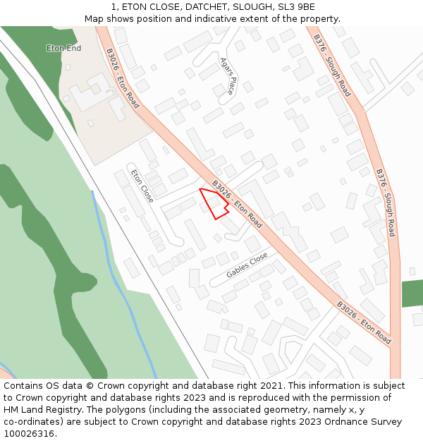 1, ETON CLOSE, DATCHET, SLOUGH, SL3 9BE: Location map and indicative extent of plot
