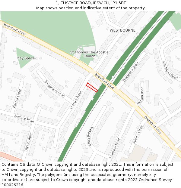 1, EUSTACE ROAD, IPSWICH, IP1 5BT: Location map and indicative extent of plot