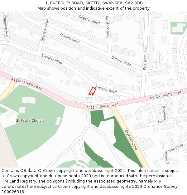 1, EVERSLEY ROAD, SKETTY, SWANSEA, SA2 9DB: Location map and indicative extent of plot