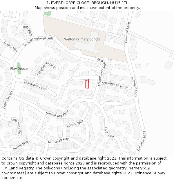 1, EVERTHORPE CLOSE, BROUGH, HU15 1TL: Location map and indicative extent of plot