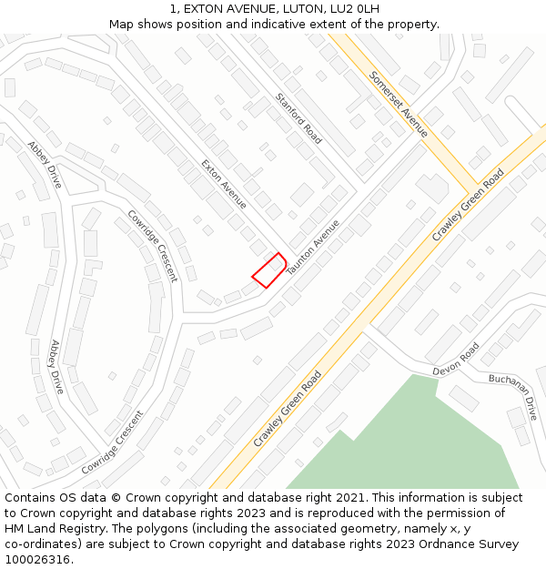 1, EXTON AVENUE, LUTON, LU2 0LH: Location map and indicative extent of plot