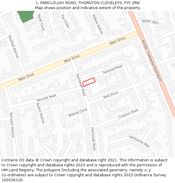 1, FAIRCLOUGH ROAD, THORNTON-CLEVELEYS, FY5 2RW: Location map and indicative extent of plot