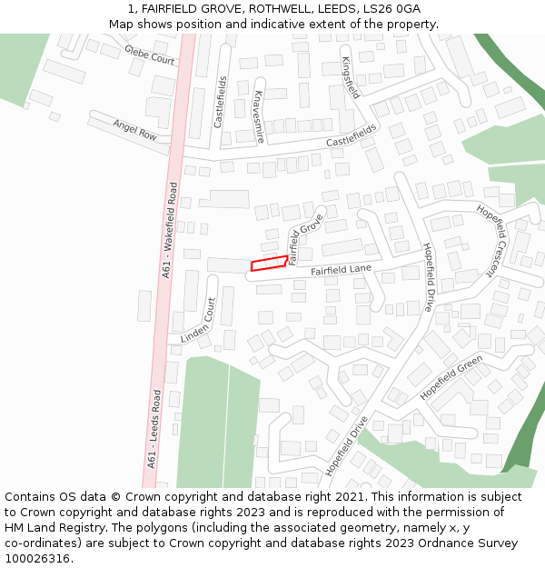 1, FAIRFIELD GROVE, ROTHWELL, LEEDS, LS26 0GA: Location map and indicative extent of plot