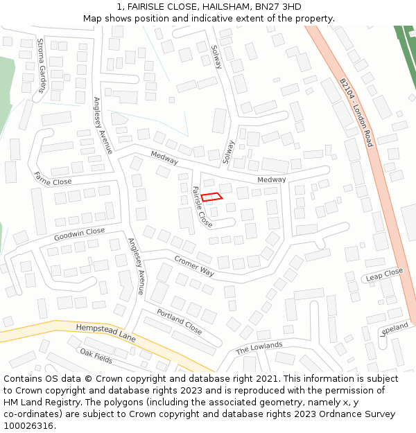 1, FAIRISLE CLOSE, HAILSHAM, BN27 3HD: Location map and indicative extent of plot