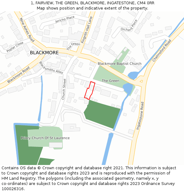 1, FAIRVIEW, THE GREEN, BLACKMORE, INGATESTONE, CM4 0RR: Location map and indicative extent of plot