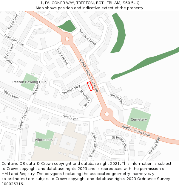 1, FALCONER WAY, TREETON, ROTHERHAM, S60 5UQ: Location map and indicative extent of plot