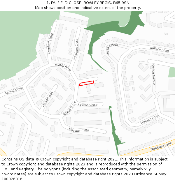 1, FALFIELD CLOSE, ROWLEY REGIS, B65 9SN: Location map and indicative extent of plot