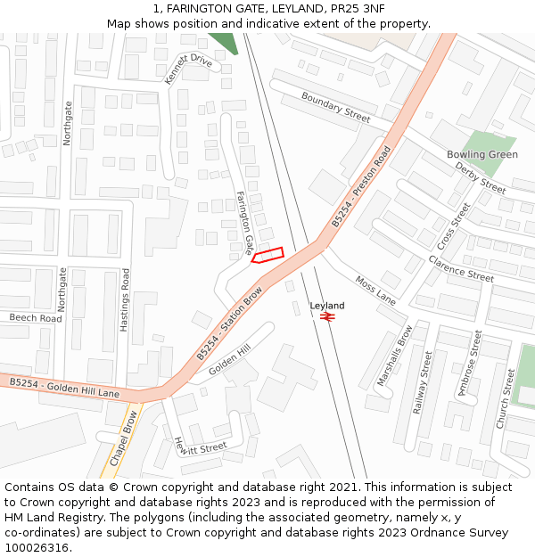 1, FARINGTON GATE, LEYLAND, PR25 3NF: Location map and indicative extent of plot