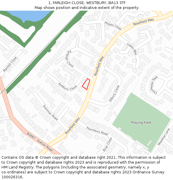 1, FARLEIGH CLOSE, WESTBURY, BA13 3TF: Location map and indicative extent of plot