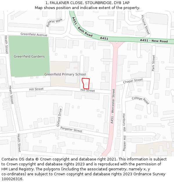 1, FAULKNER CLOSE, STOURBRIDGE, DY8 1AP: Location map and indicative extent of plot