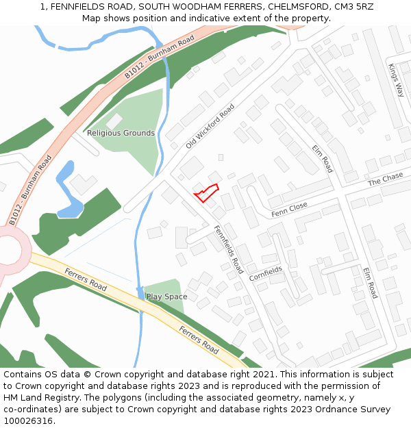 1, FENNFIELDS ROAD, SOUTH WOODHAM FERRERS, CHELMSFORD, CM3 5RZ: Location map and indicative extent of plot